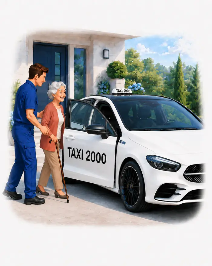Illustration : un chauffeur accueille une passagère devant son domicile